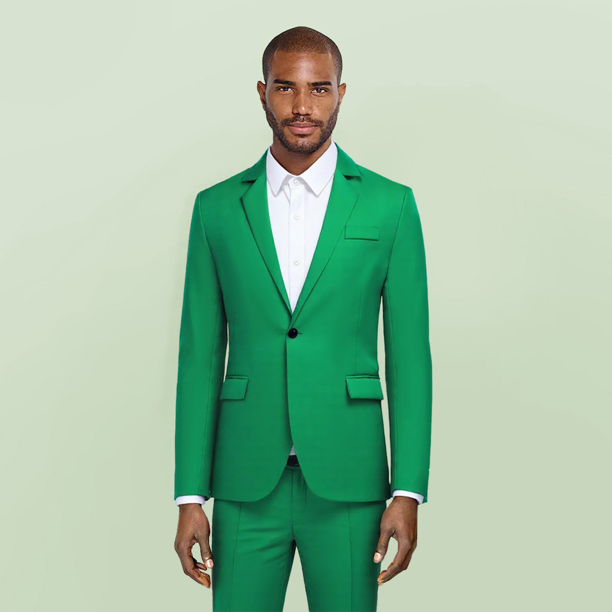 Green # Men's slim fit casual blazer jacket with one-button notched lapel and dual side vents, green tailored-fit sport coat with two front flap pockets and subtle shiny fabric for business, office, wedding and daily wear, isolated on white background.