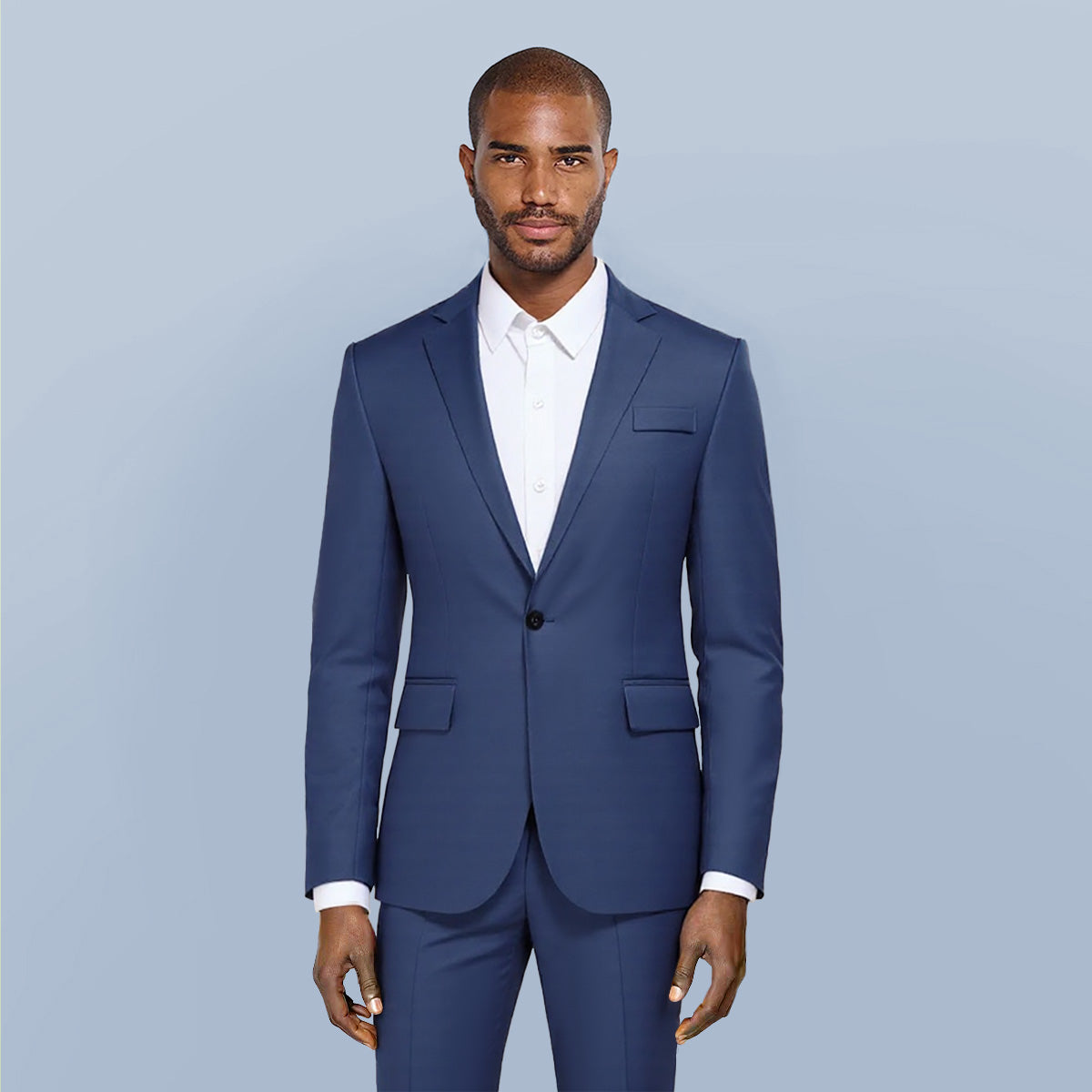 Navy # Men's slim fit one-button casual blazer with notched lapel and dual side vents, navy tailored sport coat with two front flap pockets and little shiny fabric, versatile cotton polyester blend jacket for business casual, office, party and daily wear, isolated on white background.