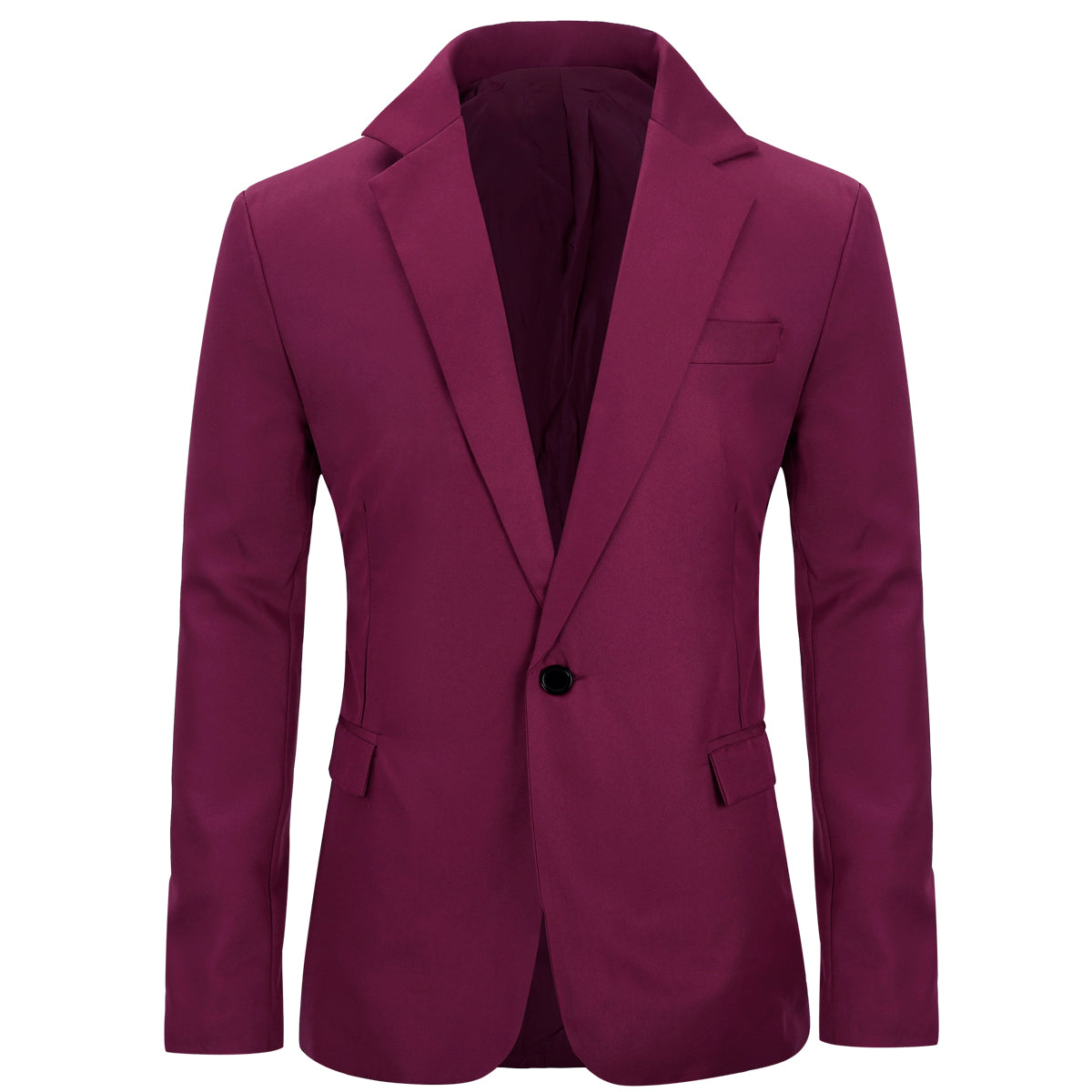 Wine Red # Men's slim fit casual blazer jacket with one-button notched lapel and dual side vents, tailored-fit sport coat in shiny wine red fabric for business, office, party, wedding and daily wear, isolated on white background.