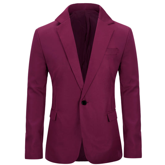 Wine Red # Men's slim fit casual blazer jacket with one-button notched lapel and dual side vents, tailored-fit sport coat in shiny wine red fabric for business, office, party, wedding and daily wear, isolated on white background.