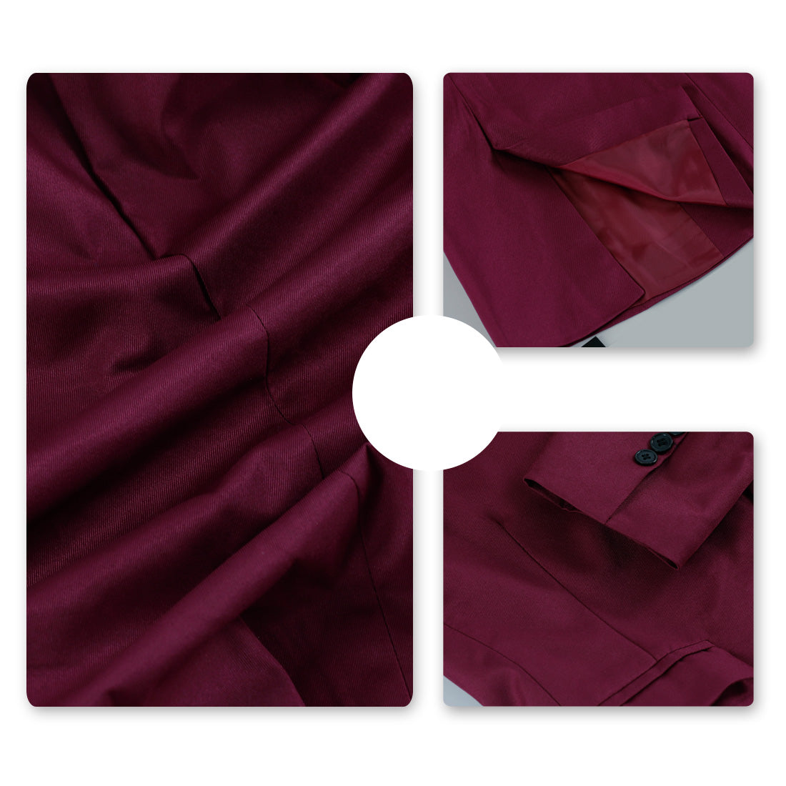 Wine Red # Men's slim fit casual blazer jacket with one-button notched lapel and dual side vents, tailored-fit sport coat in shiny wine red fabric for business, office, party, wedding and daily wear, isolated on white background.
