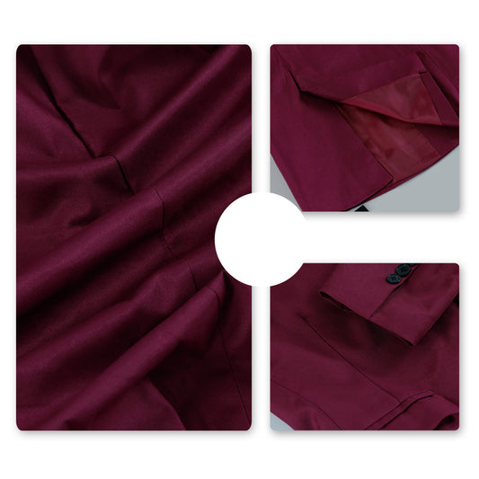 Wine Red # Men's slim fit casual blazer jacket with one-button notched lapel and dual side vents, tailored-fit sport coat in shiny wine red fabric for business, office, party, wedding and daily wear, isolated on white background.