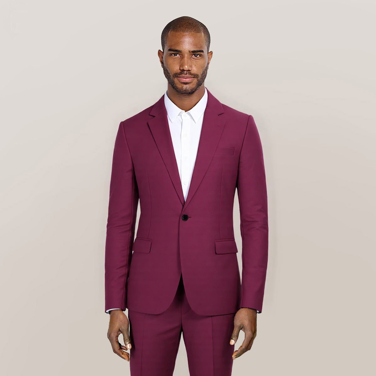 Wine Red # Men's slim fit casual blazer jacket with one-button notched lapel and dual side vents, tailored-fit sport coat in shiny wine red fabric for business, office, party, wedding and daily wear, isolated on white background.