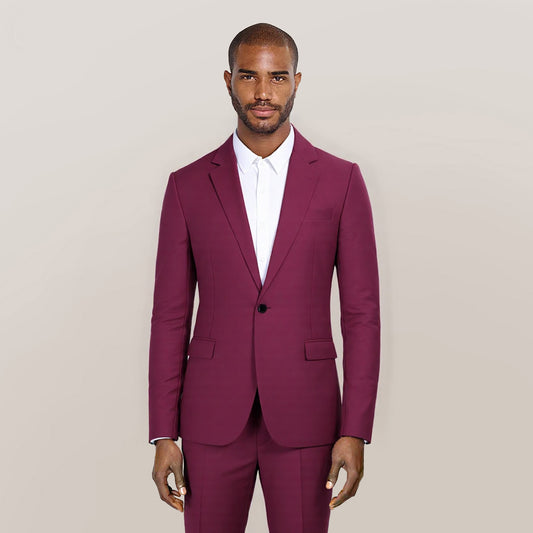 Wine Red # Men's slim fit casual blazer jacket with one-button notched lapel and dual side vents, tailored-fit sport coat in shiny wine red fabric for business, office, party, wedding and daily wear, isolated on white background.