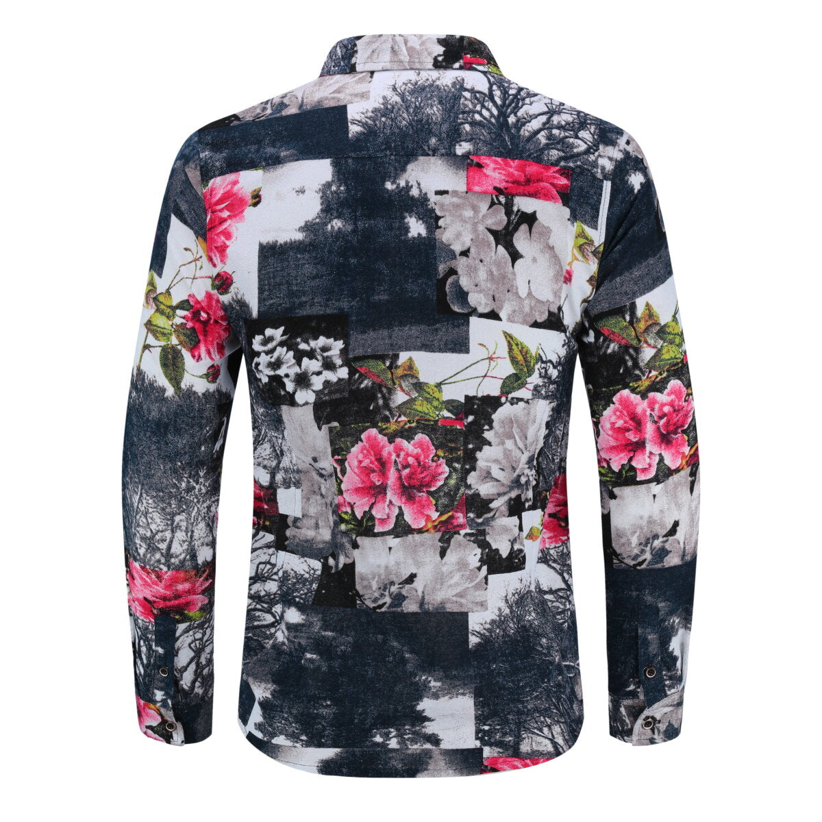 Men's Plus Size Ethnic Chinese Rose Printed Linen Long Sleeve Shirt