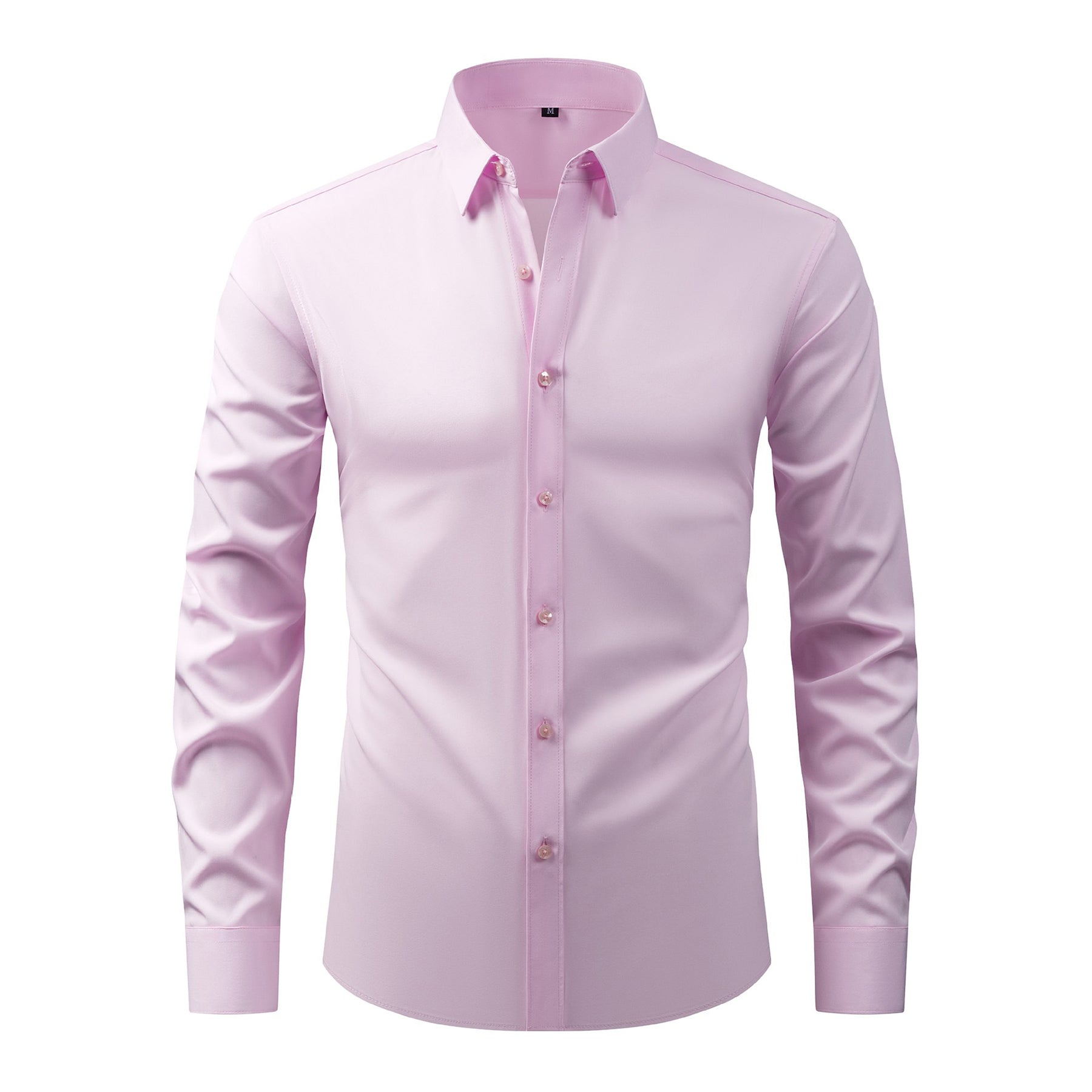 Men's Solid Square Neck Fitted Business Long-Sleeved Shirt Pink
