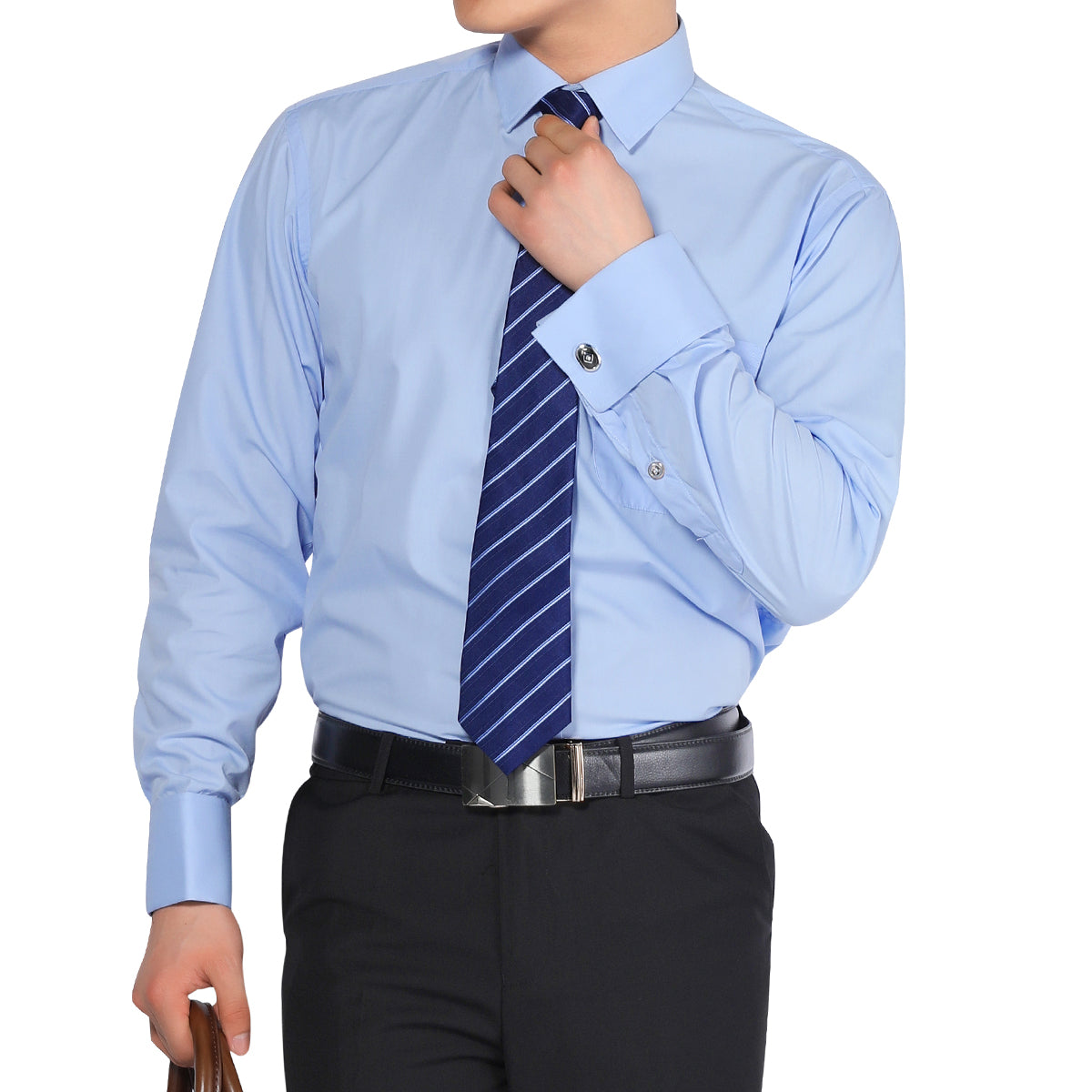 Men's Dress Shirt Slim Fit Button Down Stripe Checked Shirt Blue