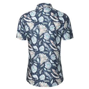 Men's Printed Short-Sleeve White Flower Casual Shirts Blue