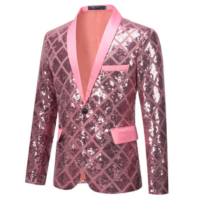 Men's One Button Plaid Sequin Blazer Pink