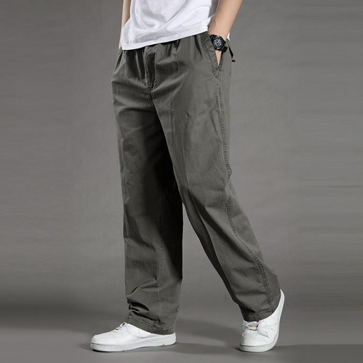 Men's Solid High-Waisted Straight-Leg Loose Casual Pants Khaki