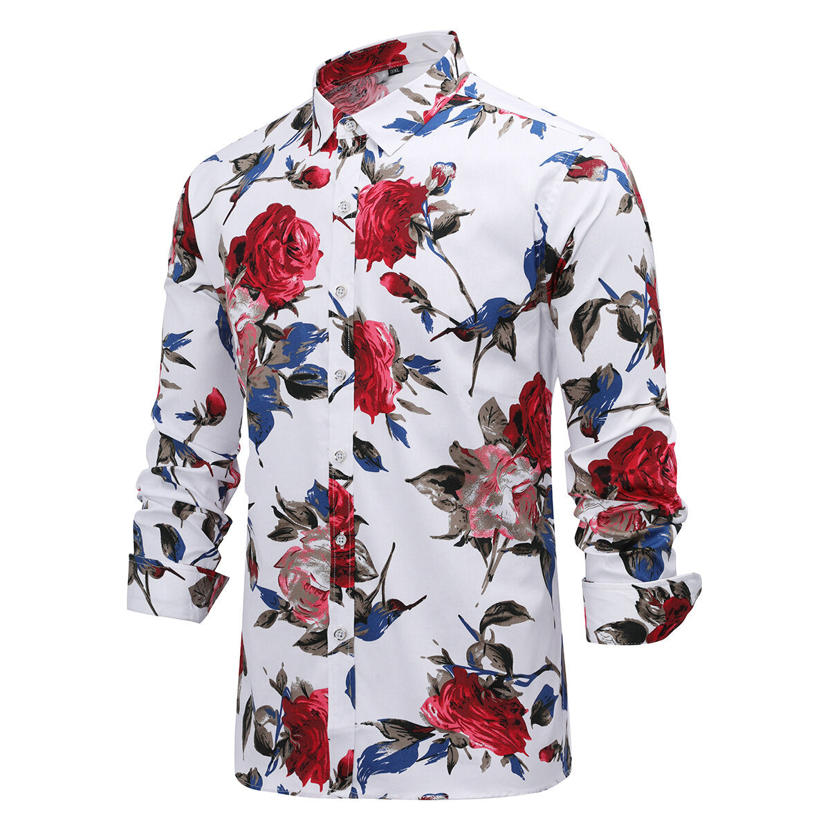 Slim Fit White Satin Shirt With Red Flowers