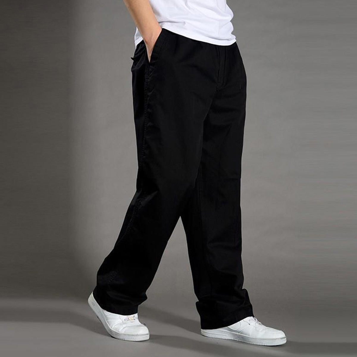 Men's Solid High-Waisted Straight-Leg Loose Casual Pants Khaki