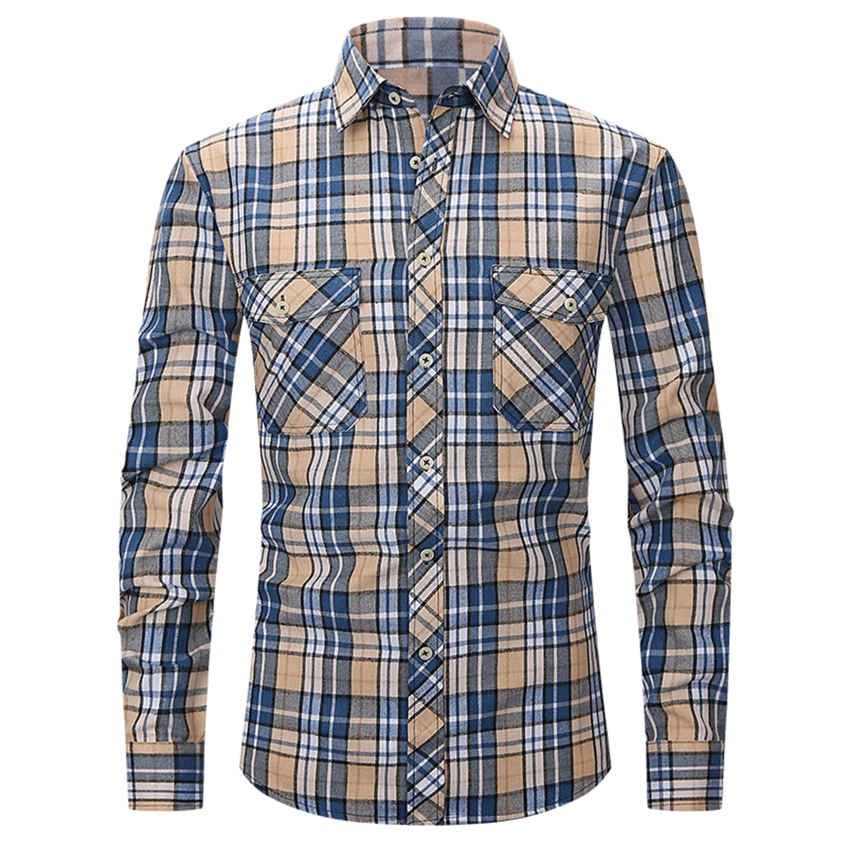 Men's Lapel Paid Long-sleeved Shirt Green and Black