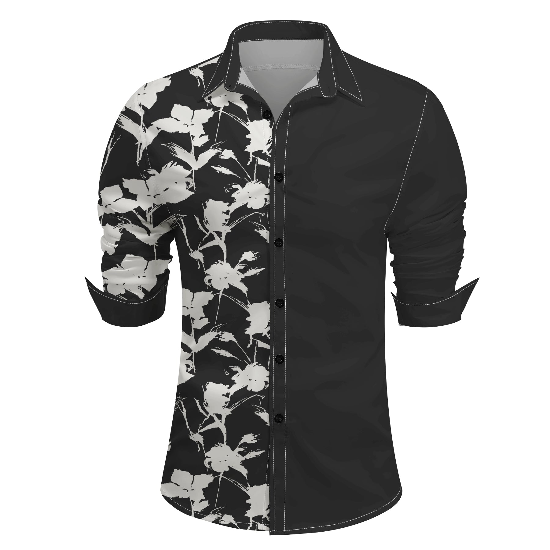 Mens Printed Lapel Long Sleeve Shirt Black Blue
