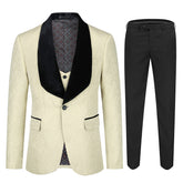 3-Piece Paisley Light Khaki Suit Shawl Collar Suit