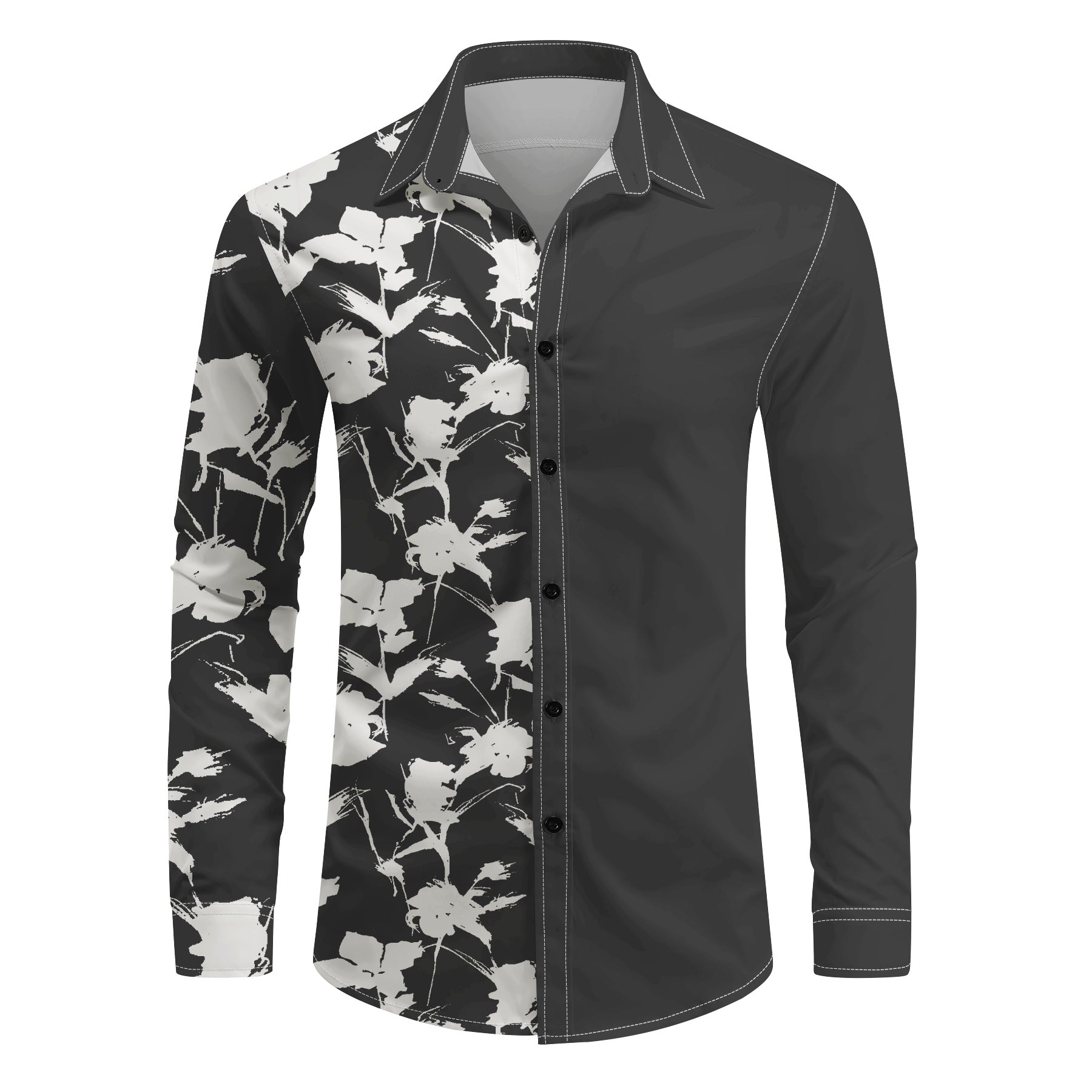 Mens Printed Lapel Long Sleeve Shirt Black Blue