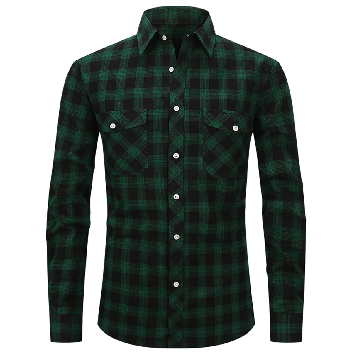 Men's Lapel Paid Long-sleeved Shirt Green and Black