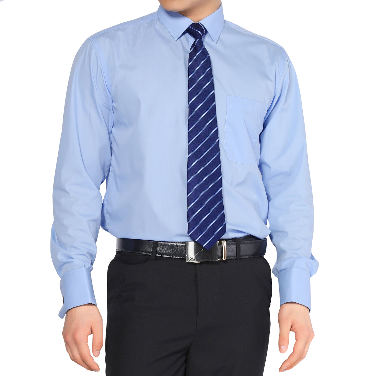 Men's Dress Shirt Slim Fit Button Down Stripe Checked Shirt Blue