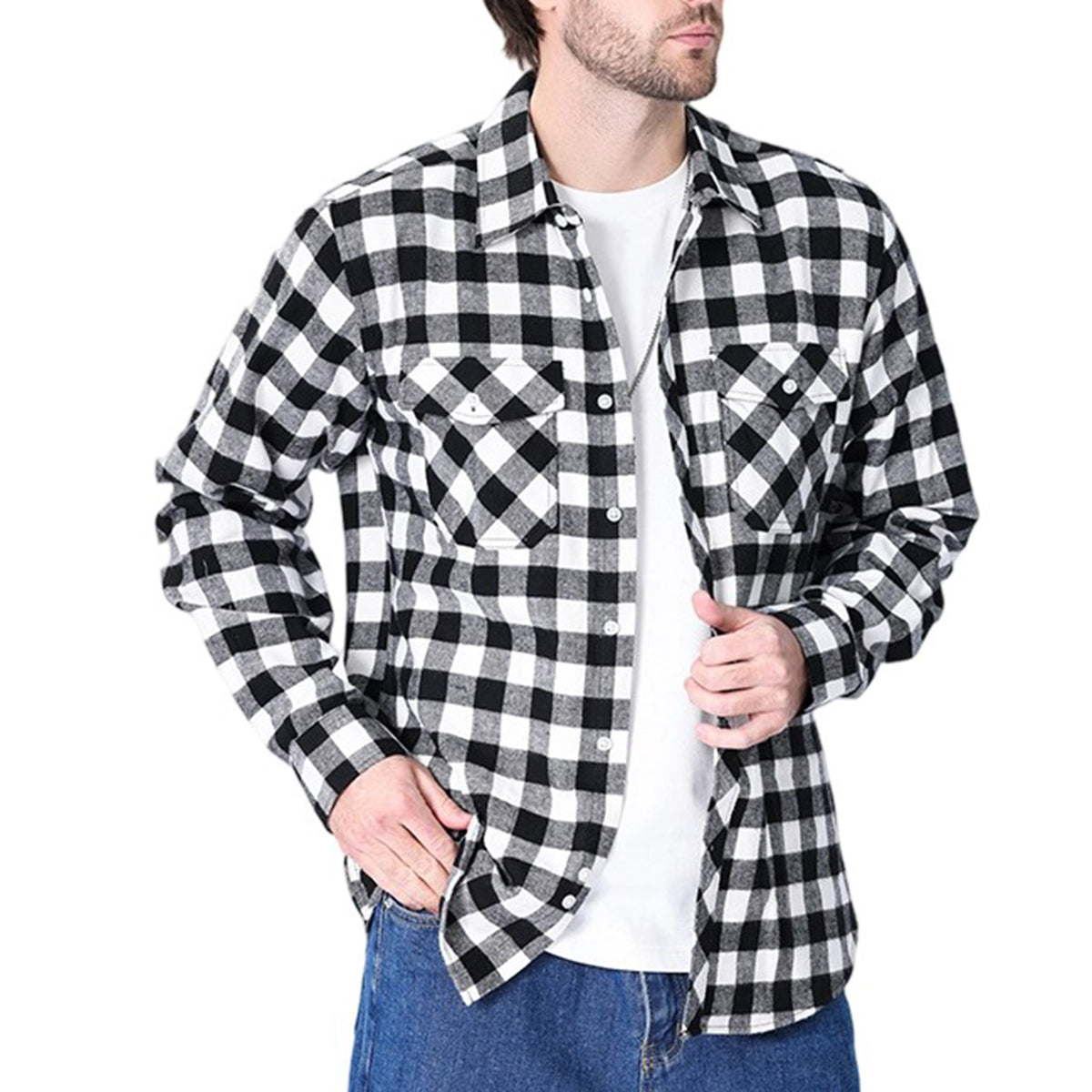 Men's Lapel Paid Long-sleeved Shirt Green and Black