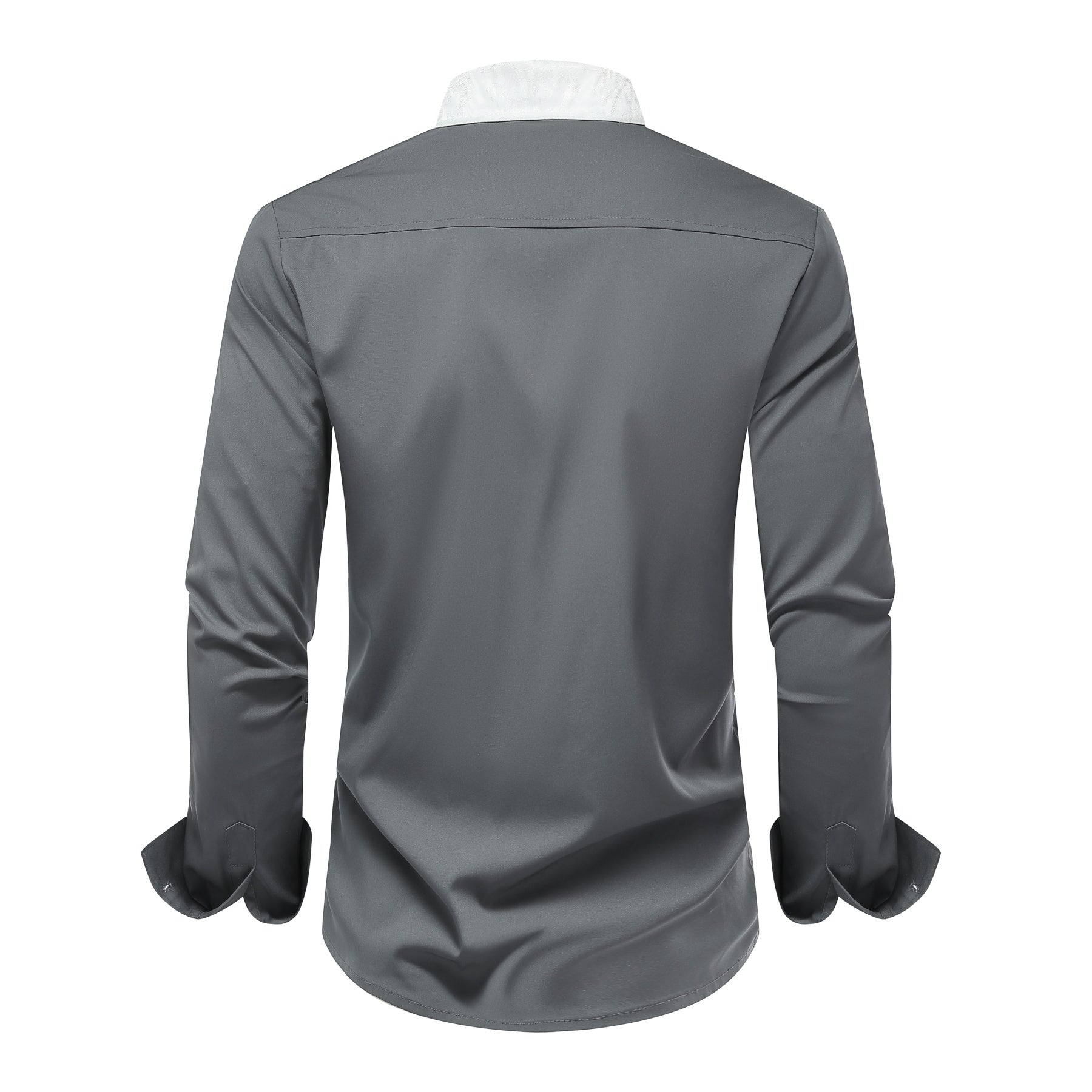 Men's long-sleeved casual shirt with a sky blue lapel and gray collar