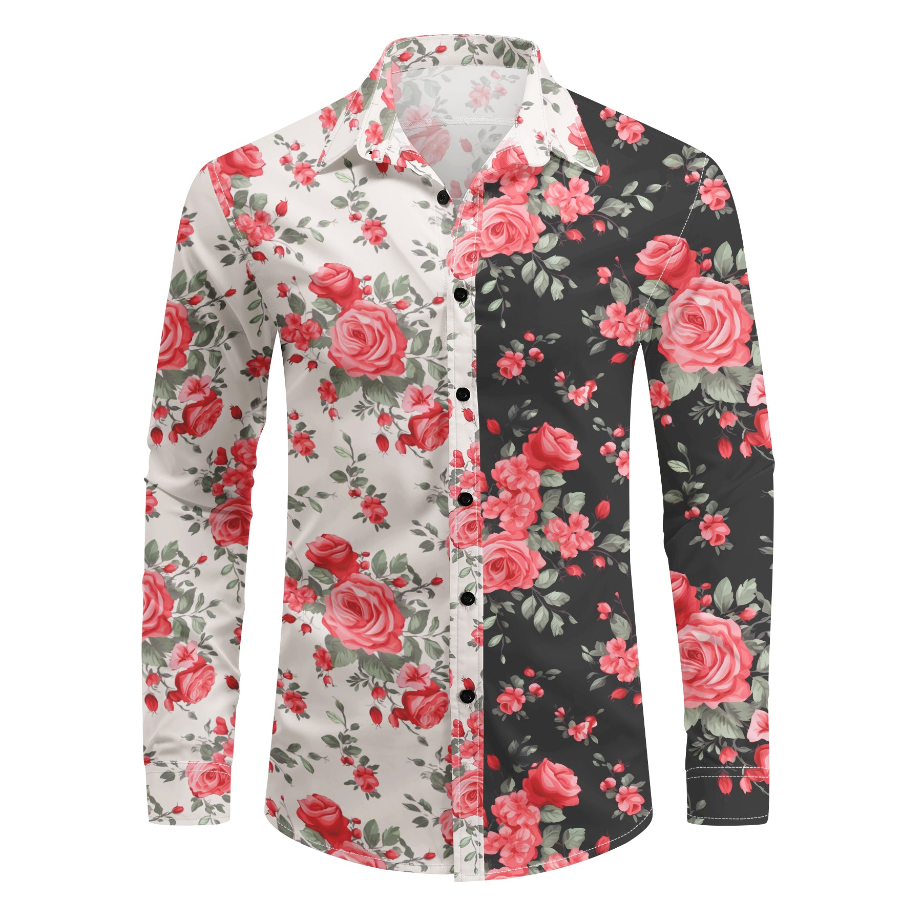 Mens Printed Lapel Long Sleeve Shirt Black White Pink