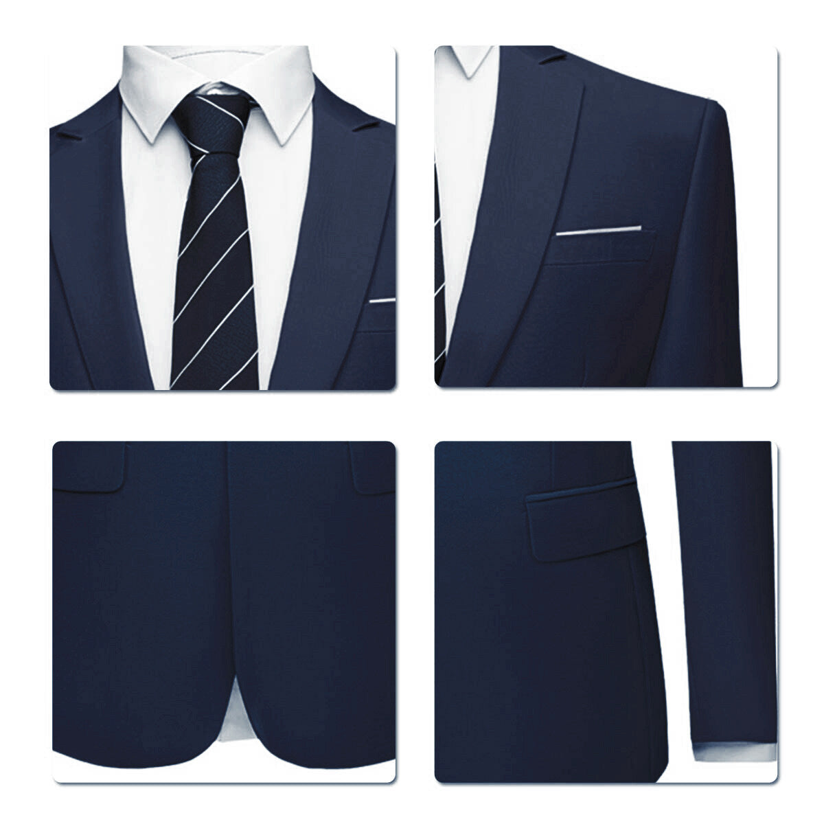 Navy # Men's slim fit 2-piece suit with peaked lapel and simple elegant design, navy formal blazer jacket with four-button cuffs and matching flat-front trousers with extended waist strap for business, office, wedding and daily wear, isolated on white background.