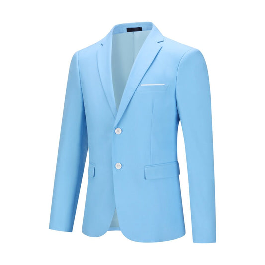 Sky Blue # Men's slim fit 2-piece suit with two-button peaked lapel and four-button cuffs, sky blue formal blazer jacket with matching flat-front trousers with extended waist strap, elegant business wear for office, wedding, prom and daily occasions, isolated on white background.