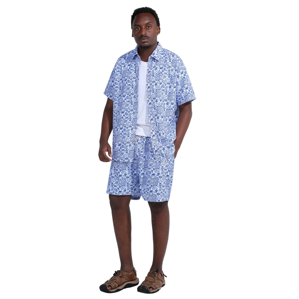 Mens 2-Piece Hawaii Print Style Summer Suit Blue