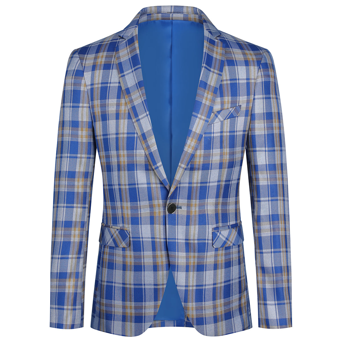 Mens One-Button Plaid Blazer Light Blue