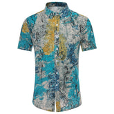 Men's Slim Fit Multicolor Flower Print Short Sleeve Shirt