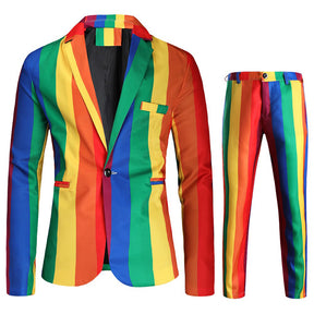 2 Piece Men's Stripe Colorblock Rainbow Celebration Suit
