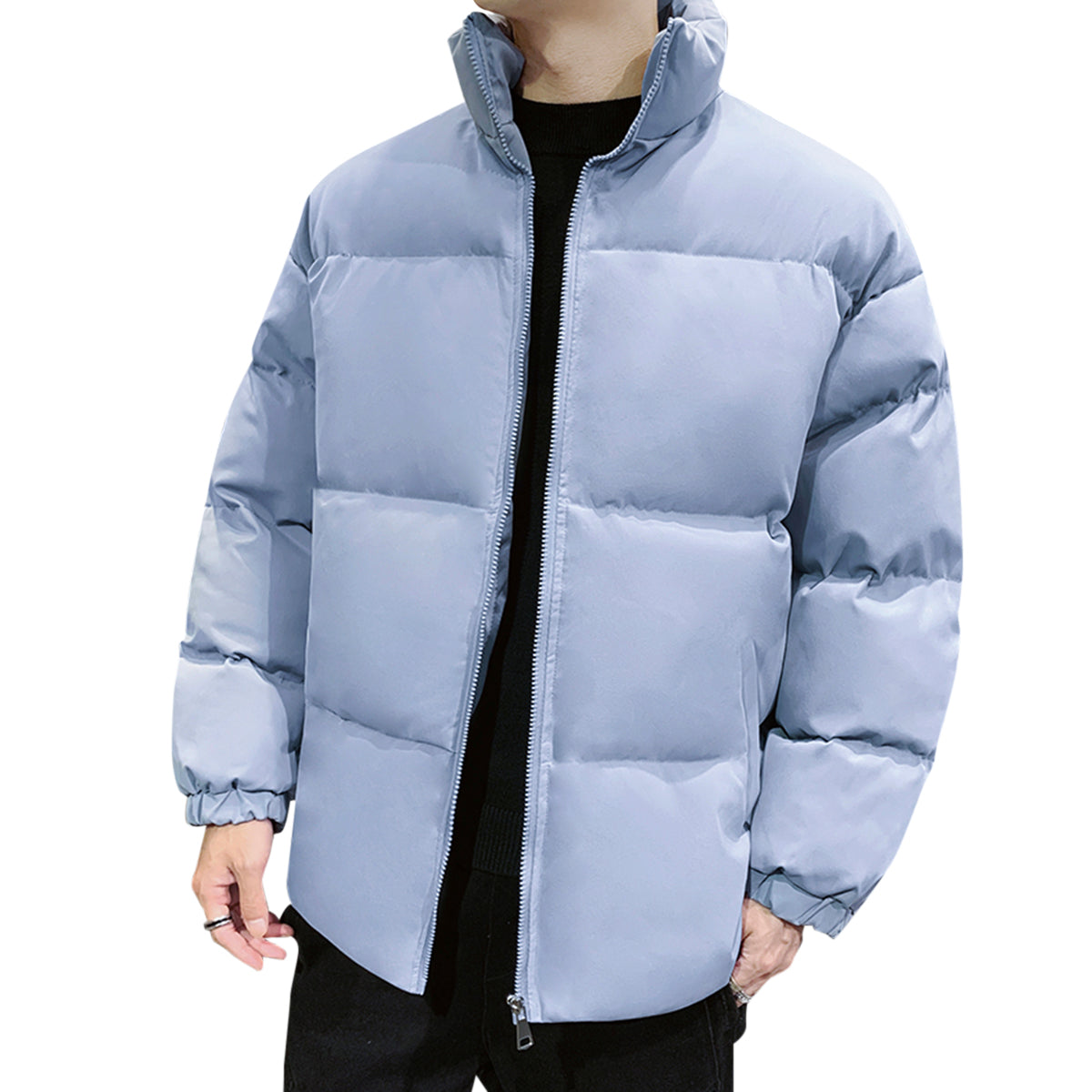 Men's Solid Color Stand Collar Cotton Coat Blue