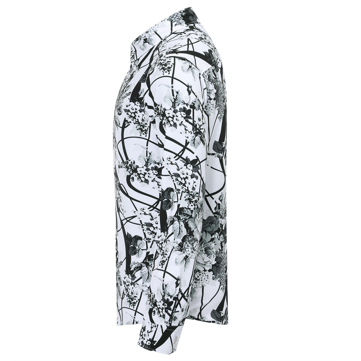 Slim Fit White Plum Flower Print Shirt Black