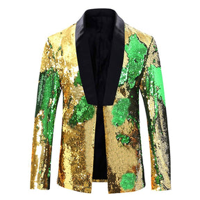 Yellow & Green Buttonless Reversible Sequins Satin Collar Blazer