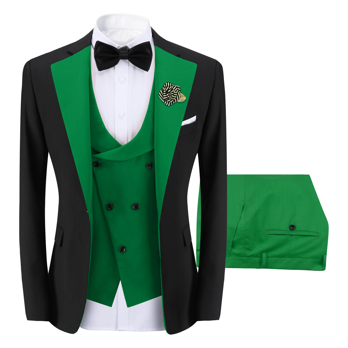 Men's 3-Piece Fashion One Button Color-Blocking Suit Green - Cloudstyle