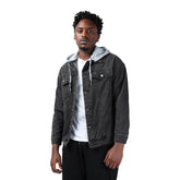 Men's Hooded Single Breasted Denim Jacket Dark Grey