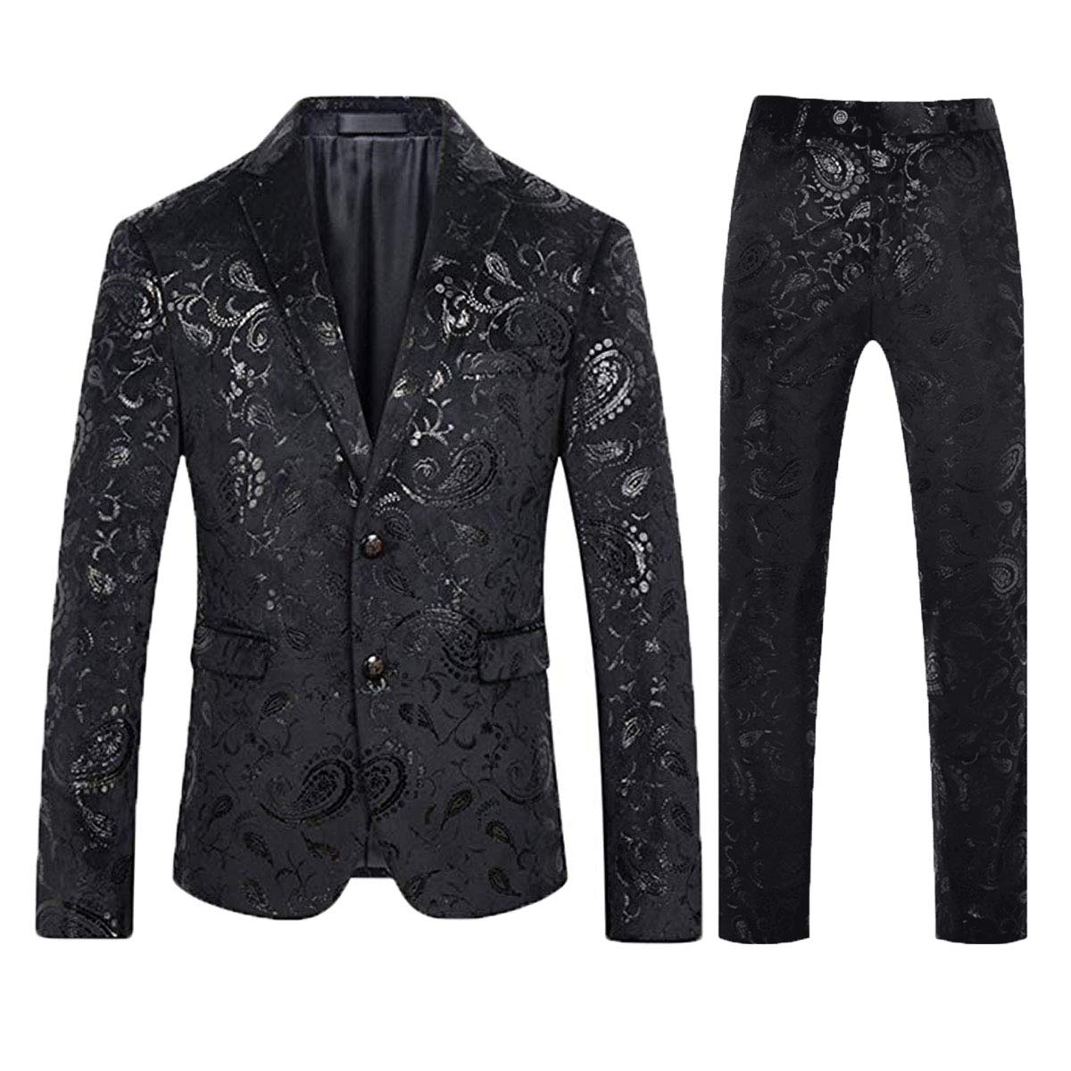 2-Piece Slim Fit Floral Suit Black