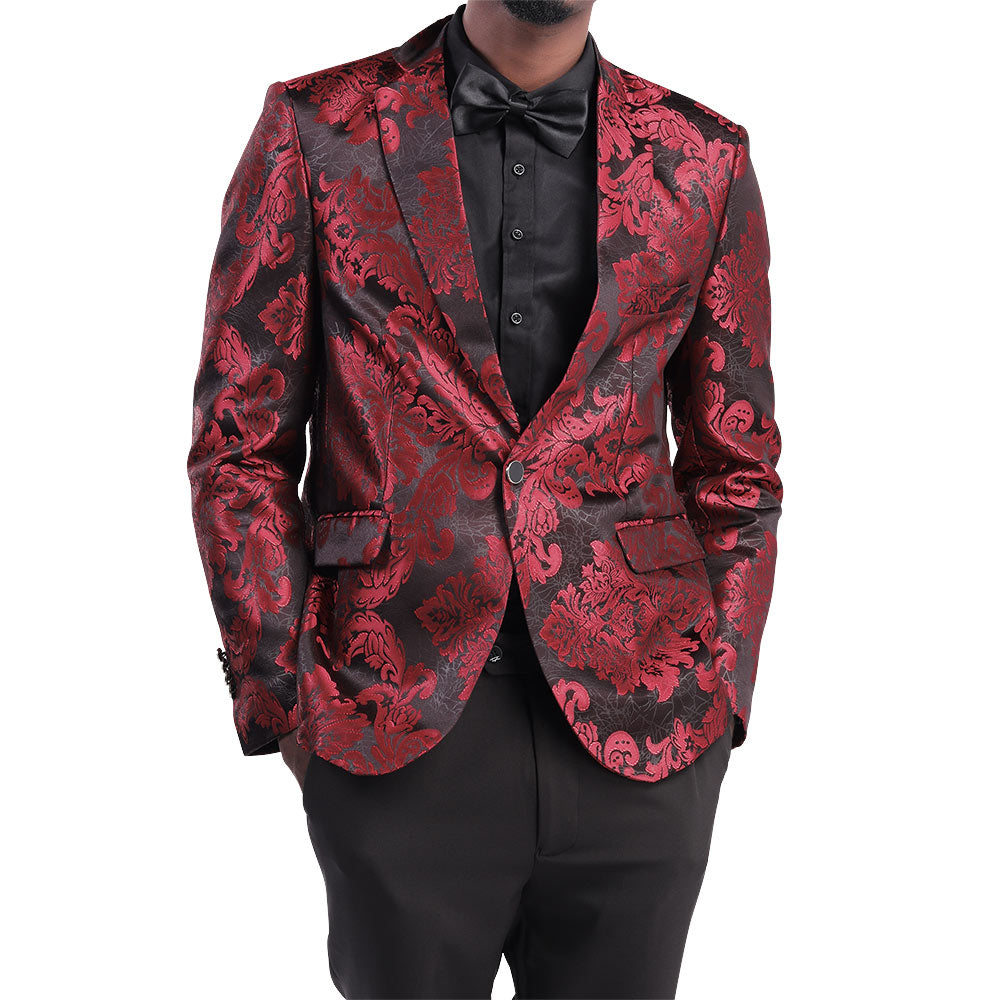 Red Flower Jacquard Print Blazer Slim Fit Casual Jacket