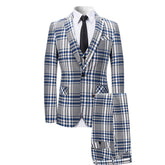 Three Piece Slim Fit Casual Plaid Grey Suit