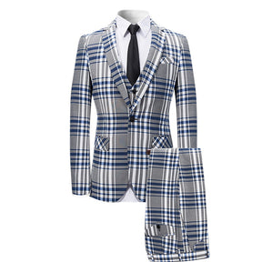Three Piece Slim Fit Casual Plaid Grey Suit