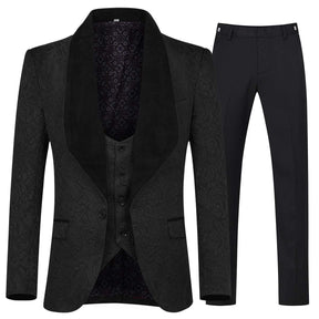 3-Piece Paisley Black Suit Shawl Collar Suit