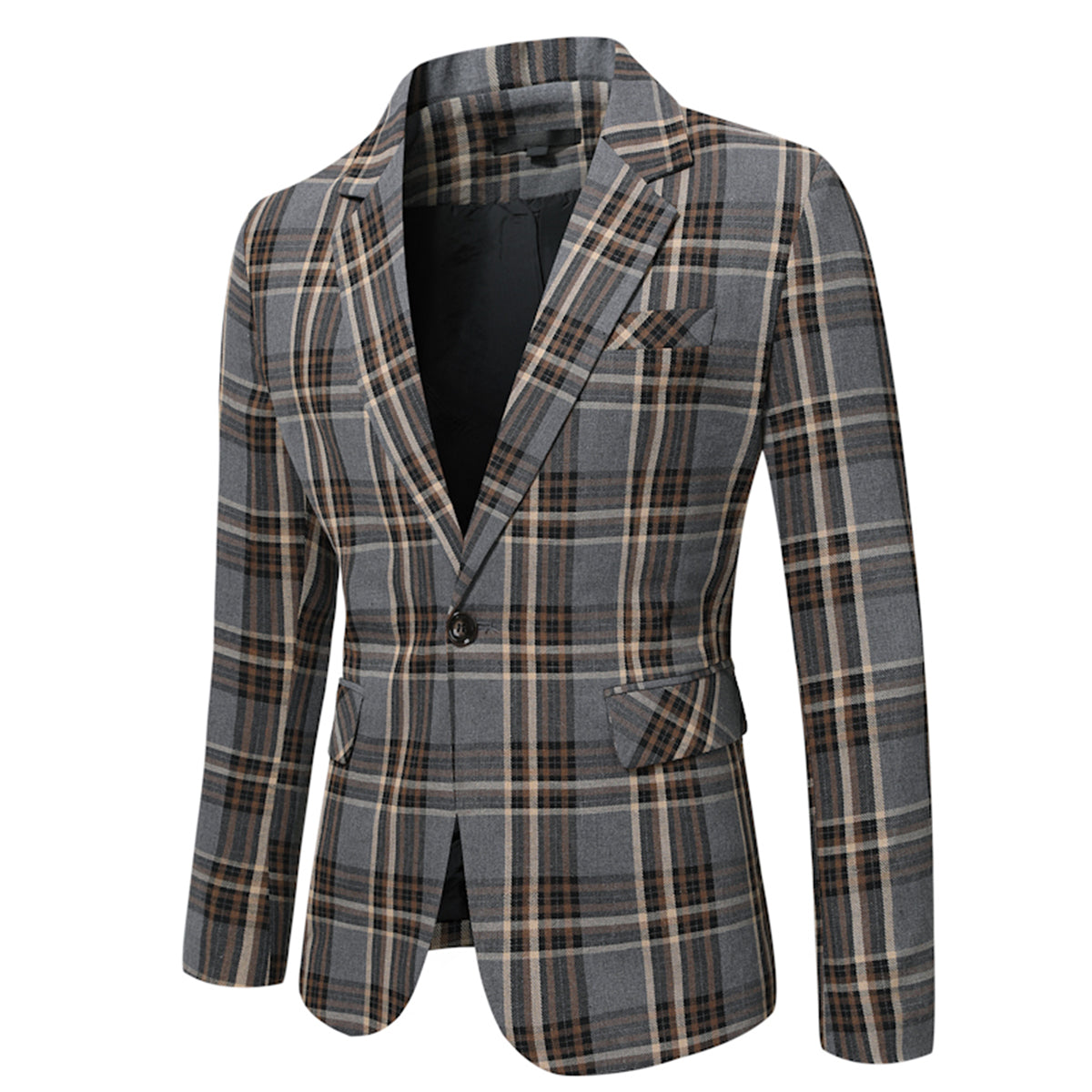 Men's Autumn Plaid Jacket One Button Casual Blazer Grey