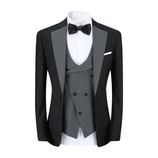 Men's 3-Piece Fashion One Button Color-Blocking Suit Grey - Cloudstyle