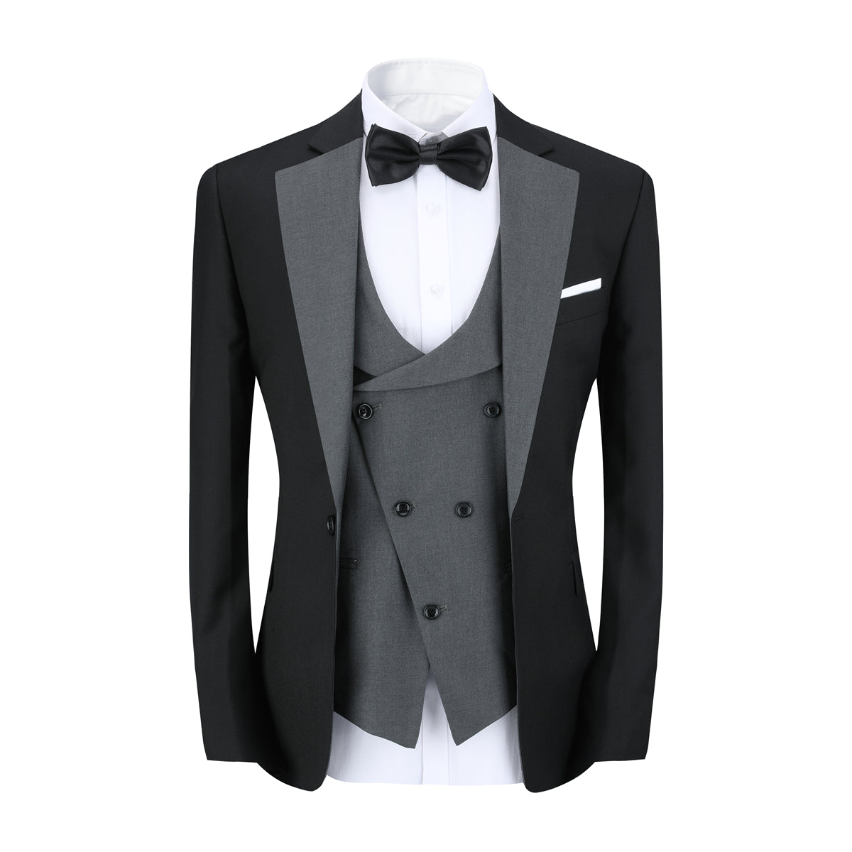 Men's 3-Piece Fashion One Button Color-Blocking Suit Grey