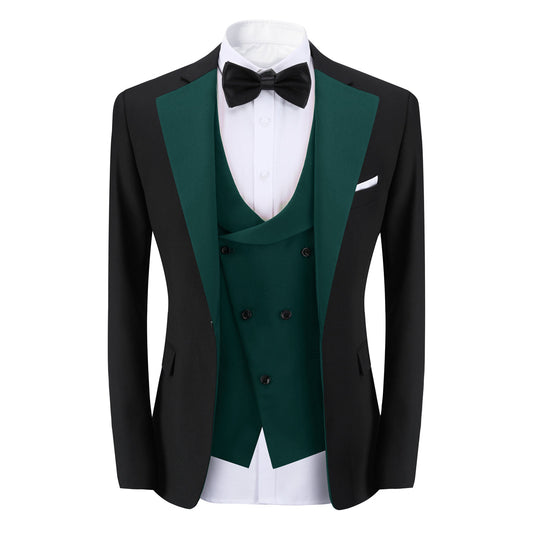 Men's 3-Piece Fashion One Button Color-Blocking Suit Dark Green - Cloudstyle