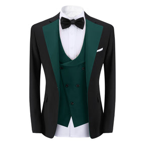 Men's 3-Piece Fashion One Button Color-Blocking Suit Dark Green