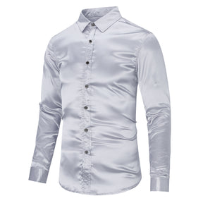Men's Casual Fashion Shiny Long Sleeve Lapel Shirt Grey
