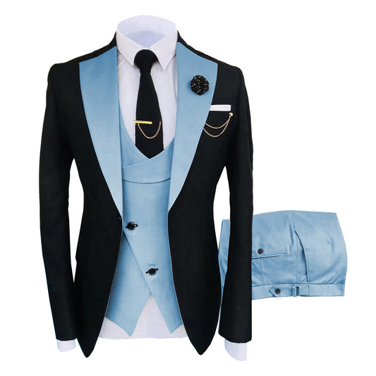 Men's 3-Piece Fashion One Button Color-Blocking Suit Light Blue - Cloudstyle