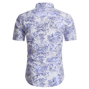 Slim Fit Bronzing Blue Leaves Shirt White