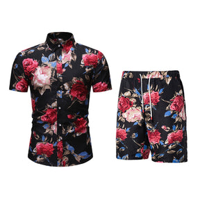 2-Piece Hawaii Red Floral Print Style Summer Suit Black